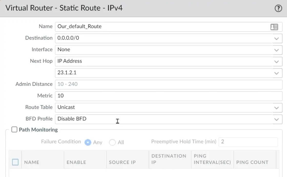 Palo Alto Static Route