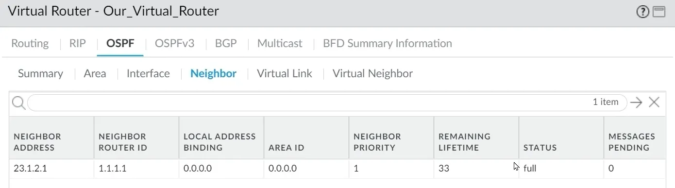 Palo Alto OSPF Neighbor
