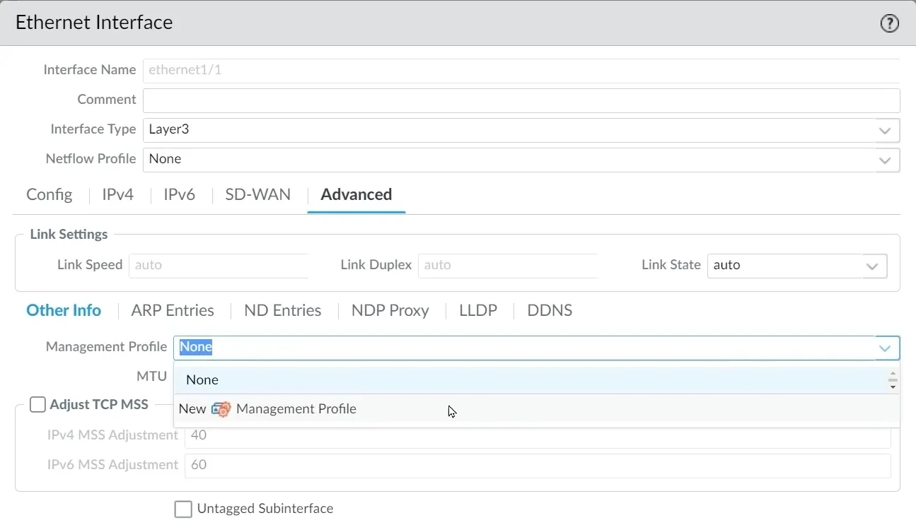 Palo Alto Interface Management Profile
