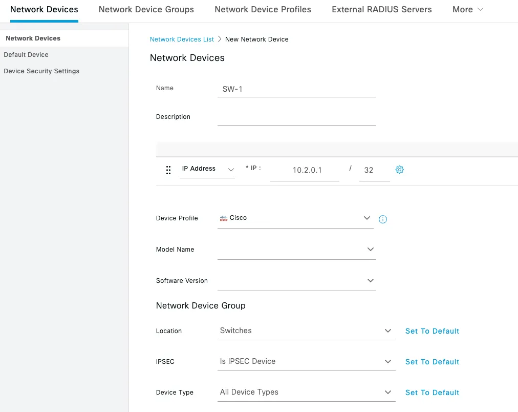 Cisco ISE Add Network Device